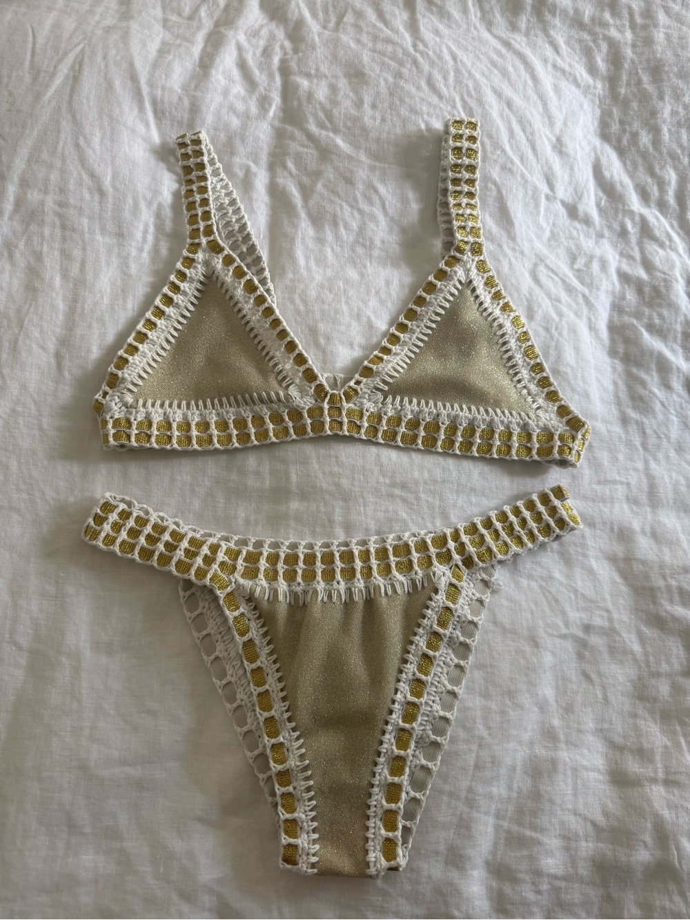 Cream Triangle Crochet-Trim Bikini with Olive Accents
